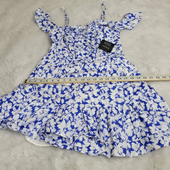Lulu's Ring in Spring Blue White Floral Print Flutter Sleeve Mini Dress Large - Picture 7 of 14